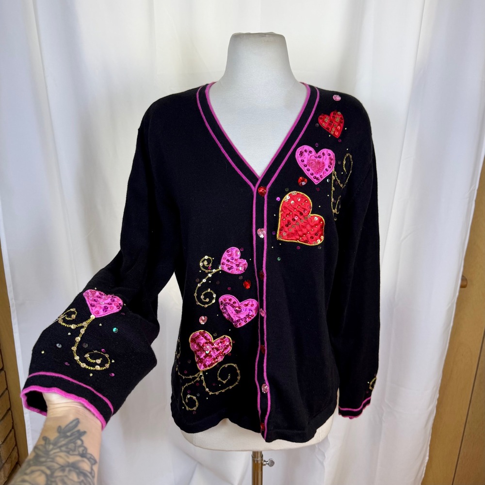 Vtg Heart Cardigan Coquette Romantic Womens XL Valentines Pink Granny Retro